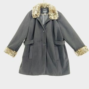 Style & Co Stretch Black Button Leopard Print Fur Trim Cuffs Collar Coat Z33